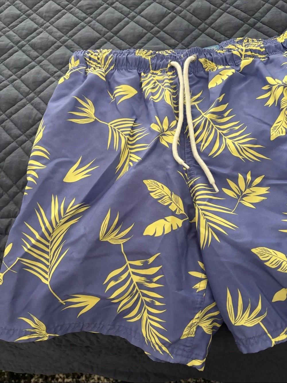 Navy Blue Swim Shorts with Yellow Leaf Print